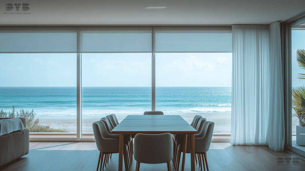 Boca Raton Dining Room with Blackout Curtains, showcasing a minimalist design with stunning ocean views.