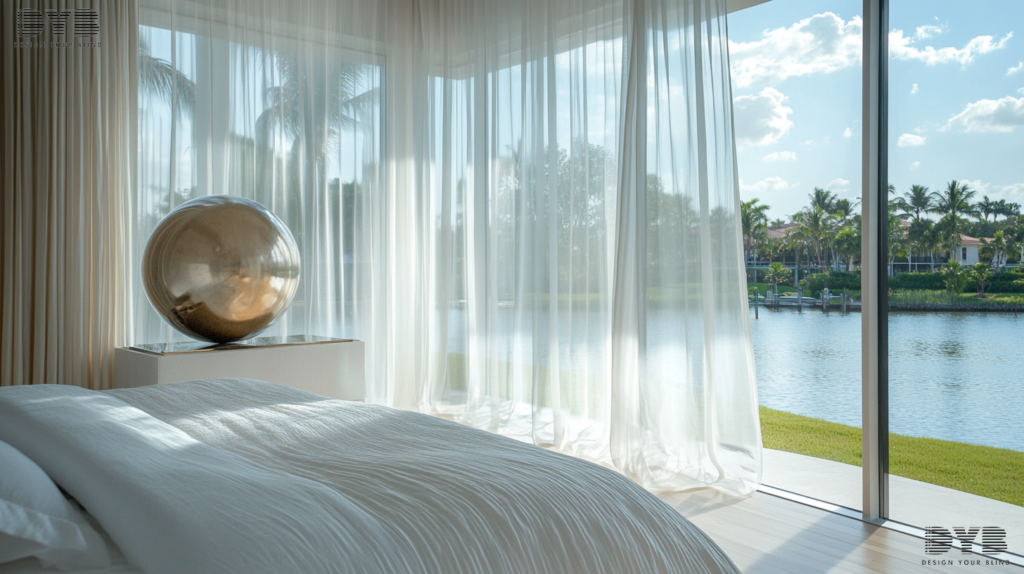 Boca Raton Master Bedroom with Sheer Curtains, Coastal style, Intercoastal Waterway views, Mitchell Gold + Bob Williams furniture