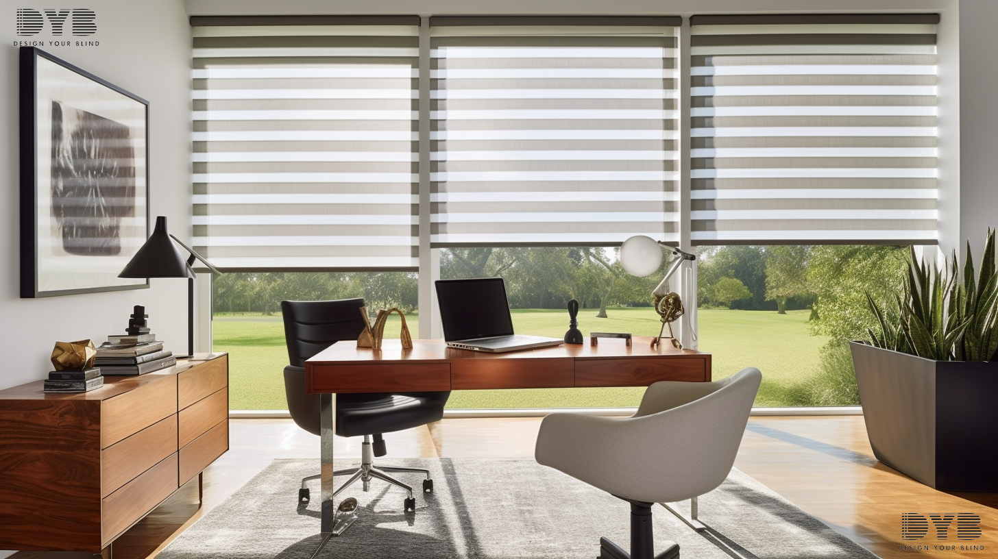 A modern home office with Zebra Shades overlooking a serene lake in Lighthouse Point, FL.