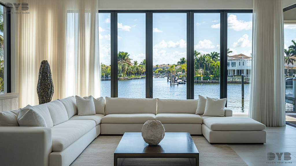 Boca Raton Formal Living Room with Sheer Curtains, minimalist style, canal views, Williams Sonoma furniture