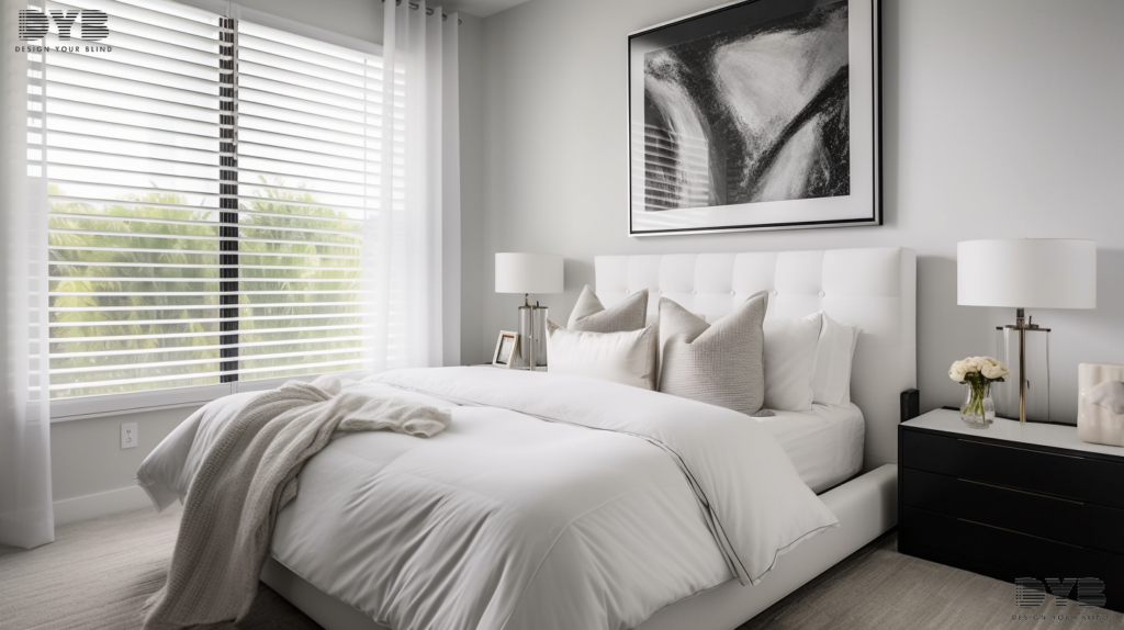A contemporary bedroom with Zebra Shades overlooking a canal in Lighthouse Point, FL.