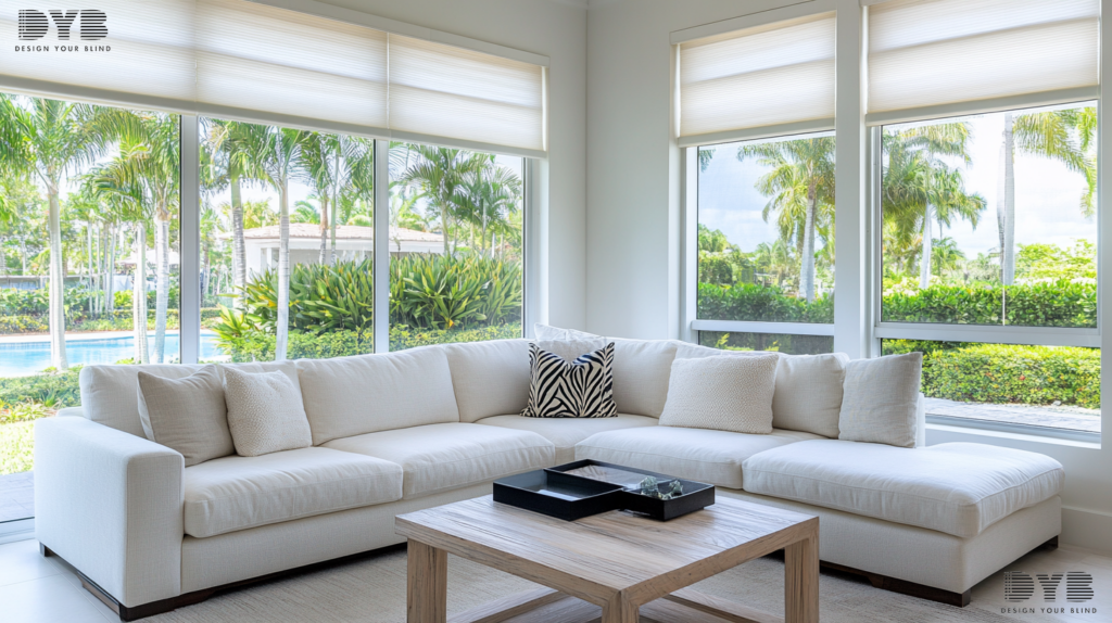A modern family room in Lighthouse Point, FL, with Zebra Shades overlooking a lush backyard.