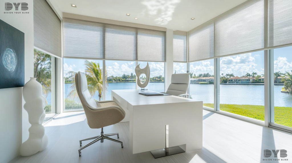 A modern home office in Lighthouse Point, FL, with Zebra Shades overlooking the Intercoastal Waterway.