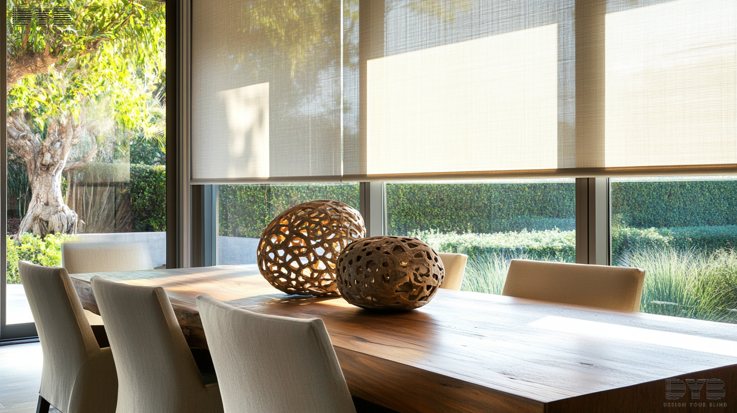 A Casual Dining Room in West Palm Beach, FL, styled in a Contemporary design with a view of a Backyard. The room features a dining set from Bernhardt, a rustic wood table with matching chairs. The windows are large and feature Roller Shades that are partially closed. The room is accented by a contemporary sculpture on the table. Shot type: mid-range