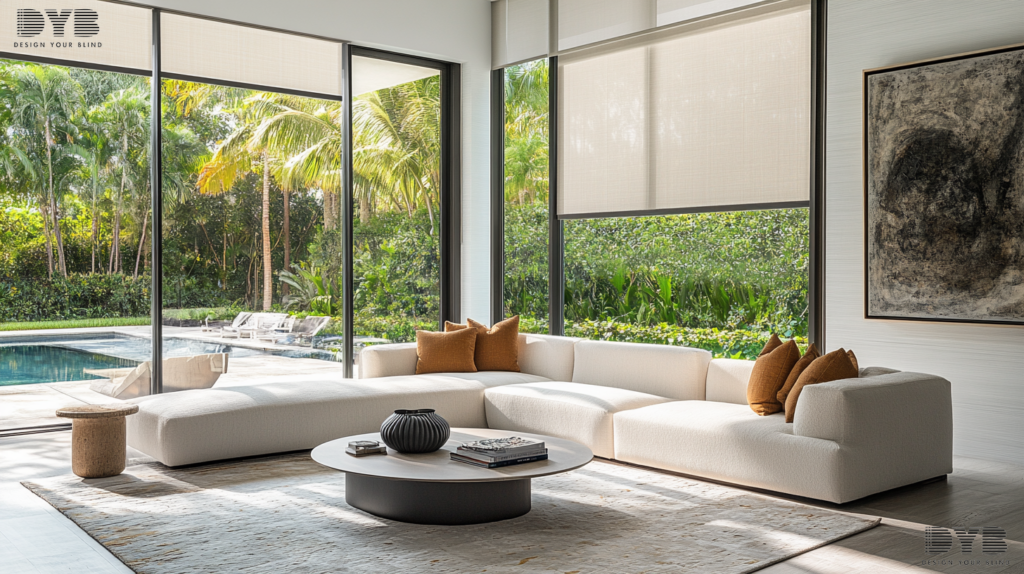 A Family Room in West Palm Beach, FL, styled in a Modern design with a view of a Backyard with a pool. The room is accented by a contemporary sculpture on the wall. The room features a plush white sectional sofa and a sleek coffee table from Ethan Allen. The windows are large and feature Roller Shades, partially closed, allowing for soft light to filter through. Shot type: dutch angle