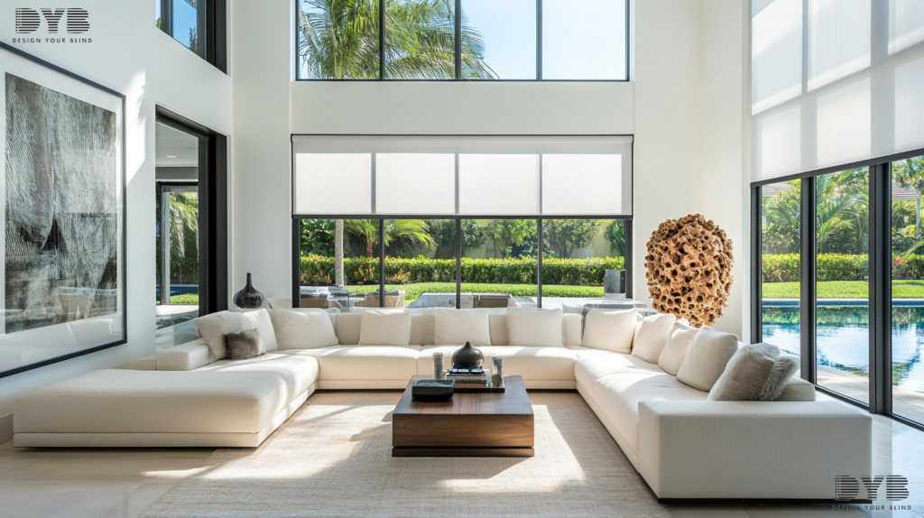 A living room with a plush white sectional sofa, sleek coffee table, large windows with blackout roller shades, and a contemporary sculpture.
