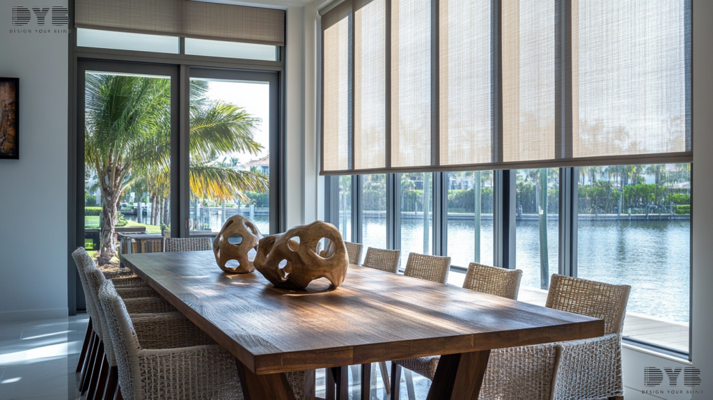 Modern dining room in Boynton Beach with Roller Shades, creating a play of light and shadow.