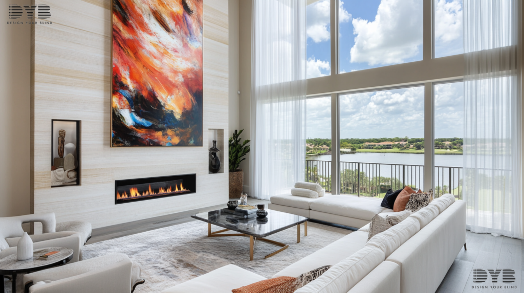 A Formal Living Room in Palm Beach Gardens, Florida, with Sheer Curtains, Urban Modern design, and a view of a lake.