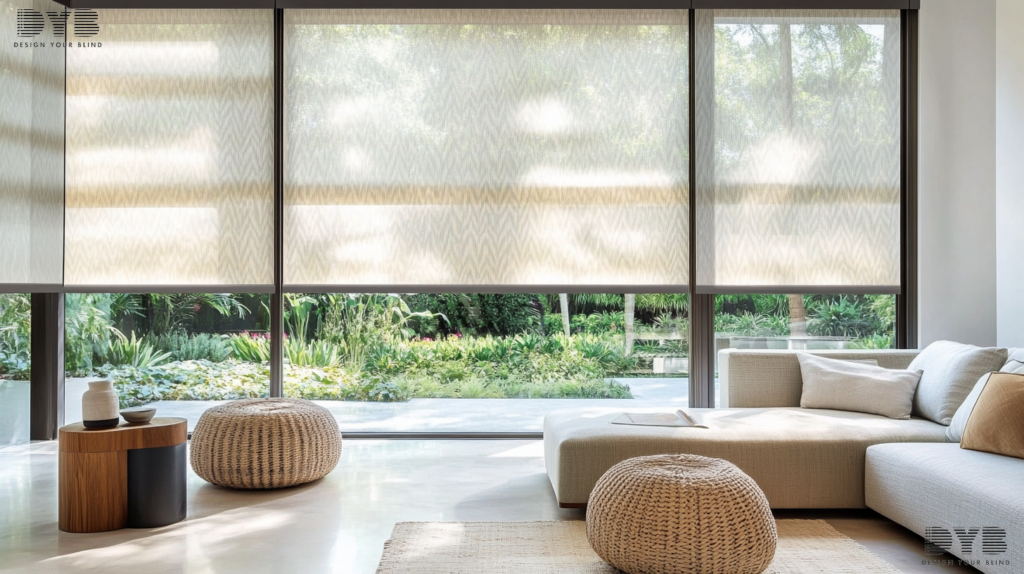 Living room in Palm Beach Gardens with Zebra Shades, minimalist design, Baker Furniture, and a view of a garden