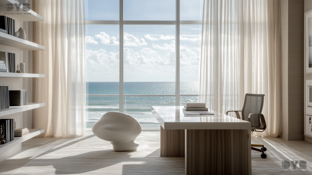 A Home Office in Palm Beach Gardens, Florida, with Sheer Curtains, a sleek desk, comfortable chair, and a contemporary sculpture.