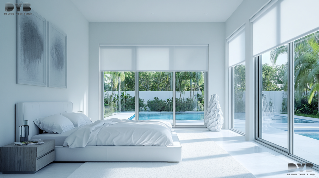 A Master Bedroom with a white bed, large windows with blackout roller shades, and a contemporary sculpture.