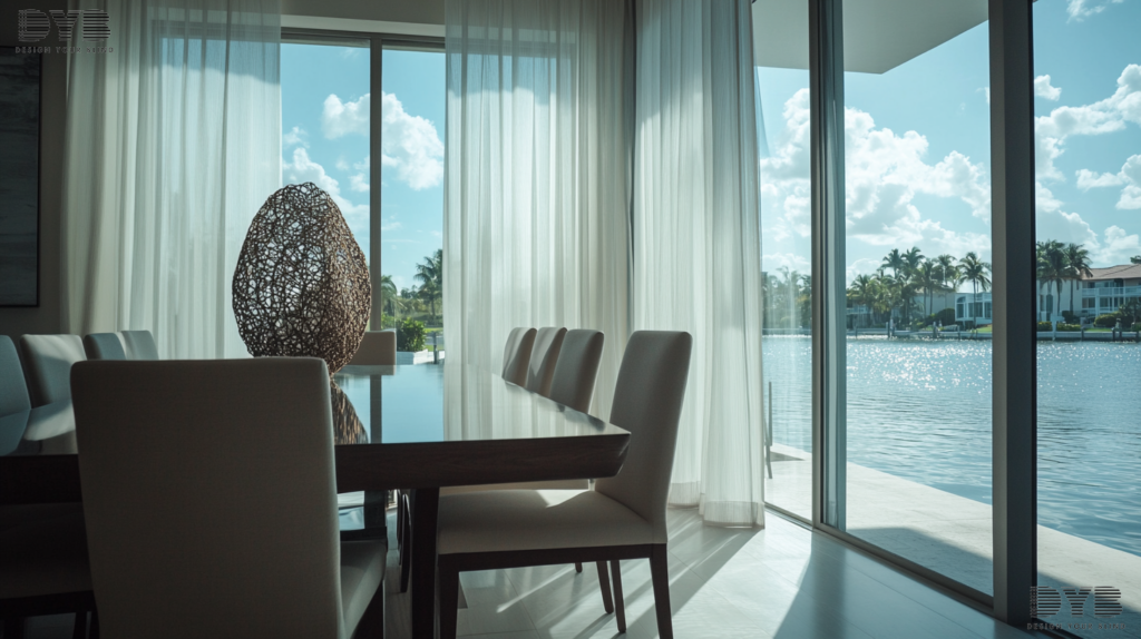 A Dining Room in Palm Beach Gardens, Florida, with Sheer Curtains, a minimalist dining set, and a view of the Intercoastal Waterway.