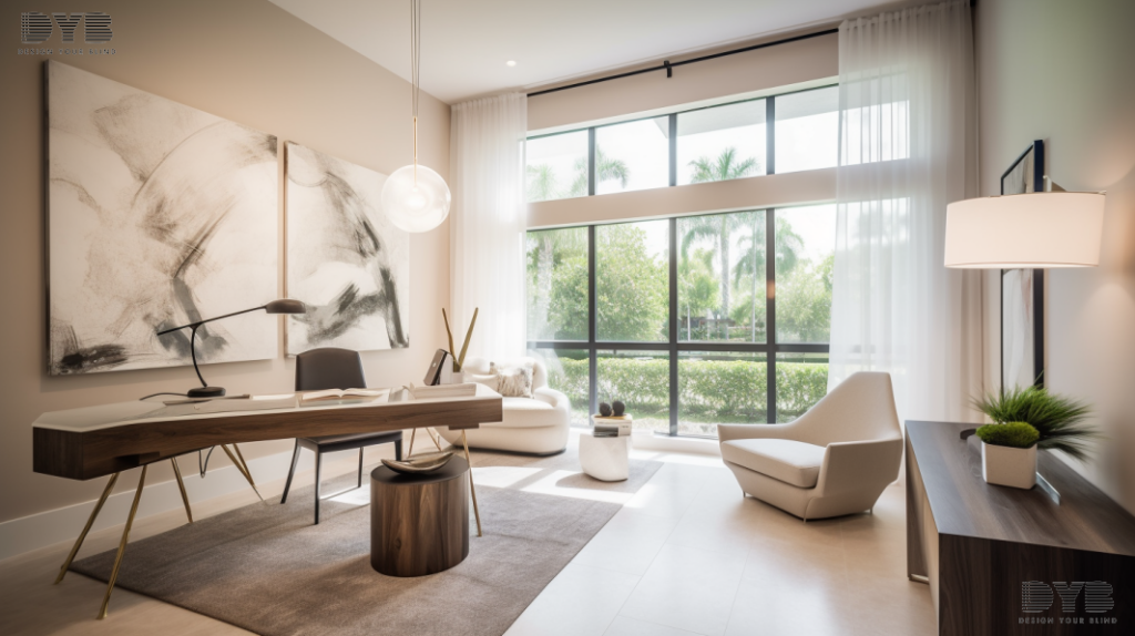 A Home Office in Palm Beach Gardens, Florida, with Sheer Curtains, contemporary design, and a view of a lush garden.