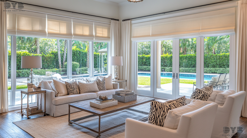 Formal living room in Palm Beach Gardens with Zebra Shades, Farmhouse Modern style, and Restoration Hardware furniture