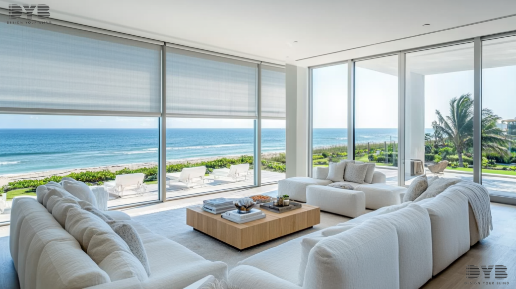 Formal living room in Palm Beach Gardens with Zebra Shades, modern style, Crate & Barrel furniture, and ocean views