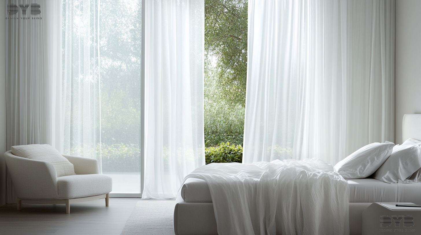 A minimalist bedroom in Boca Raton, FL, features Sheer Curtains that are partially drawn back, allowing natural light to filter through while providing privacy. The curtains are a soft, flowing fabric, complementing the room's airy feel and blending seamlessly with the minimalist decor. The furniture, from Mitchell Gold + Bob Williams, includes a sleek white bed with plush bedding, a nightstand, and a comfortable armchair. The window offers a view of a lush garden, adding a touch of nature to the space. Soft, natural light illuminates the room, creating a calming and peaceful atmosphere.