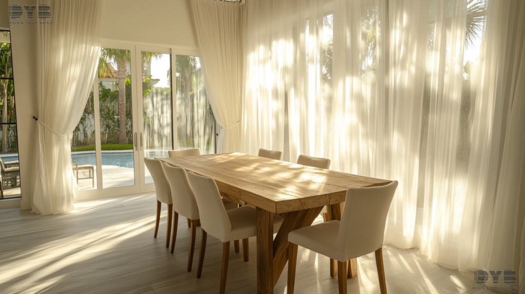 A Casual Dining Room in Boca Raton, FL, is decorated in a modern style with Sheer Curtains that create a soft, diffused light, enhancing the airy and inviting ambiance. The curtains hang gracefully over the windows, allowing natural light to filter through while providing privacy. The room is furnished with pieces from Ethan Allen, including a rustic wood dining table with matching chairs. The windows overlook a backyard with a pool, creating a sense of serenity and relaxation. Natural light illuminates the room, casting soft shadows on the walls and furniture.