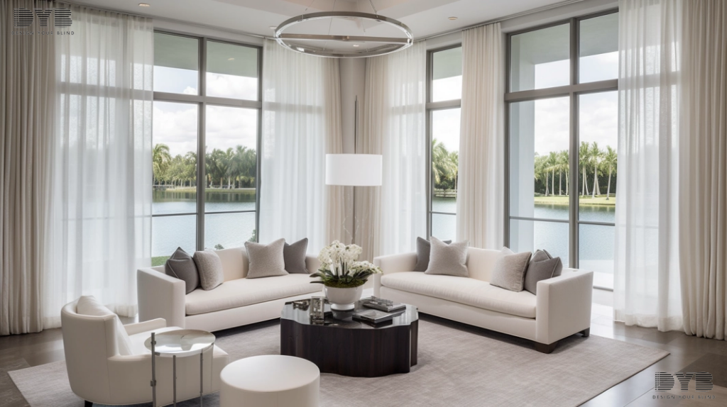 A Formal Living Room in Boca Raton, FL, designed in a Contemporary style, features Sheer Curtains that are partially drawn back, revealing a breathtaking view of the canals. The curtains are a soft, flowing fabric, draping elegantly across the windows and allowing for a gentle stream of sunlight to filter through. The room is furnished with pieces from Restoration Hardware (RH), including a plush white sectional sofa and a sleek coffee table. The windows offer a stunning view of the canals, adding a touch of tranquility to the space. The room is illuminated by soft, natural light, creating a warm and inviting ambiance.
