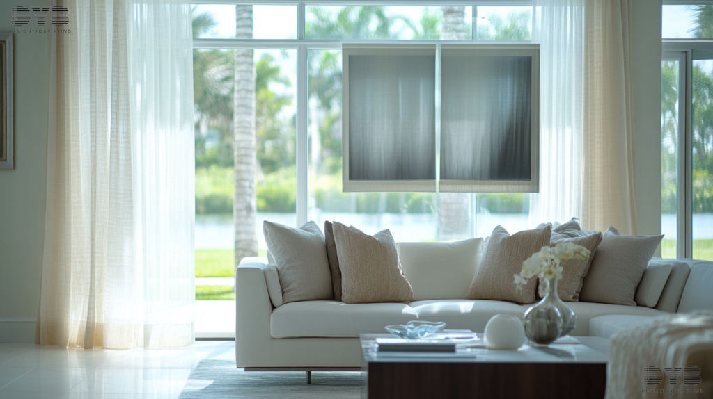 A Formal Living Room in Boca Raton, FL, is styled with a modern touch, showcasing Sheer Curtains that gracefully filter sunlight, casting a soft glow on the room. The curtains are a light, airy fabric that drapes elegantly across the large windows, providing privacy while still allowing natural light to flood the space. The room is furnished with pieces from Baker Furniture, creating a sophisticated ambiance. A sleek white sofa and an elegant coffee table, along with a statement piece of art, complete the look. The windows overlook a peaceful lake, enhancing the tranquil atmosphere.
