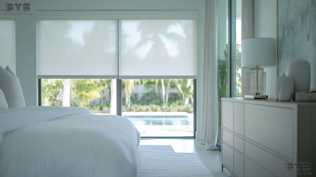 A master bedroom in Boca Raton, FL, with Roller Shades, a sleek white bed with plush bedding, a modern dresser, and a backyard view.