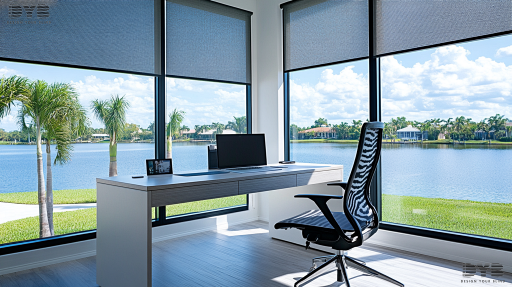 Home Office in Boynton Beach with Zebra Shades, Urban Modern style, lake views.