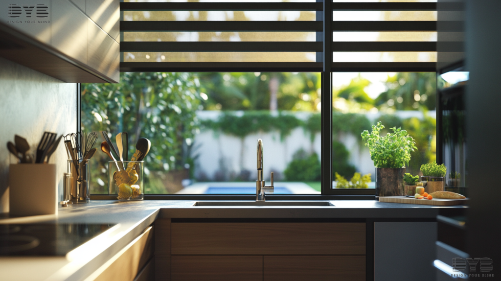 Kitchen in Boynton Beach with Zebra Shades, Transitional style, pool views.