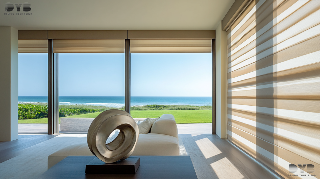 Formal Living Room in Boynton Beach with Zebra Shades, Farmhouse Modern style, ocean views.