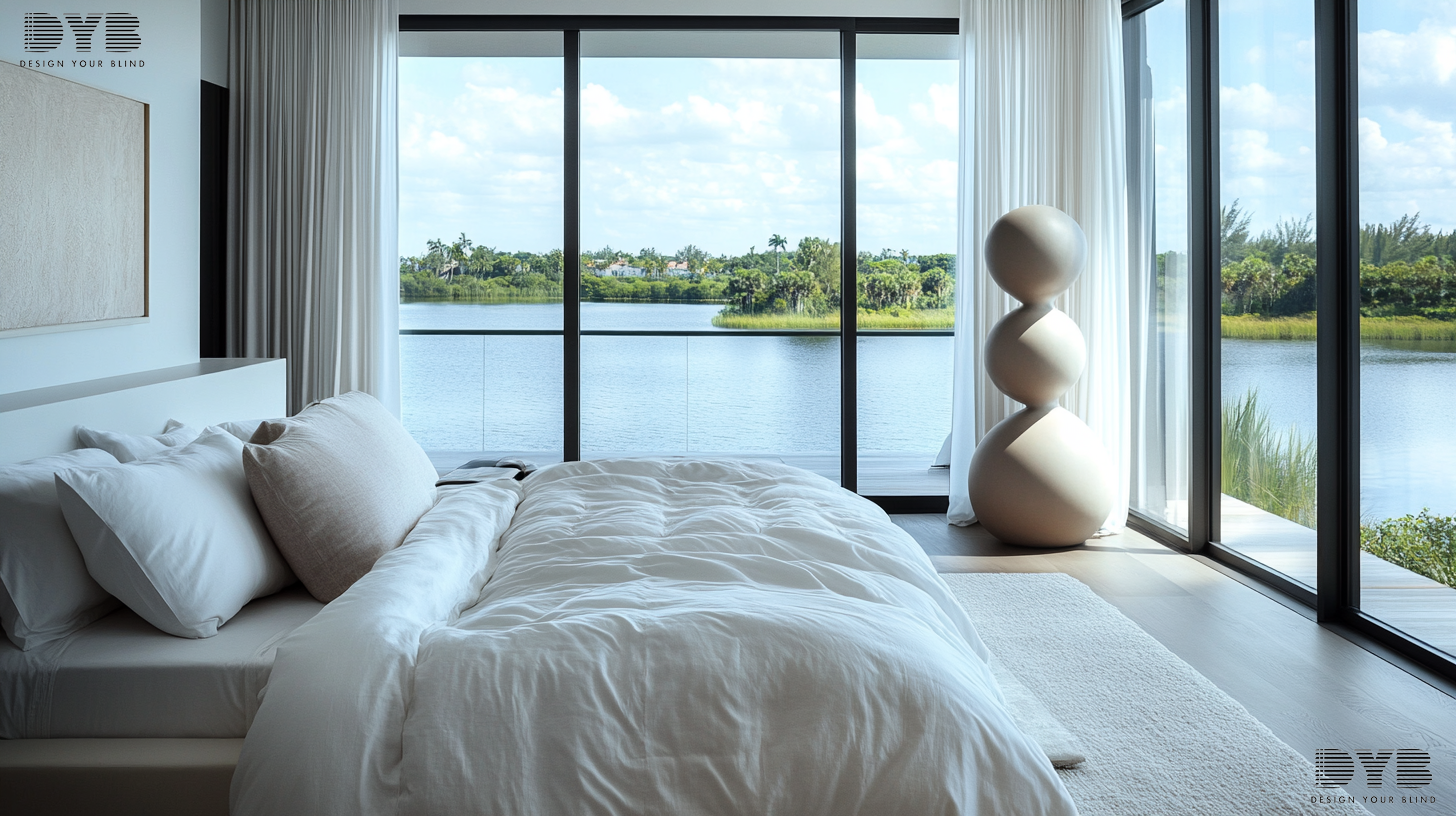 Palm Beach Gardens Master Bedroom with Blackout Curtains, minimalist style, lake views, Arhaus furniture