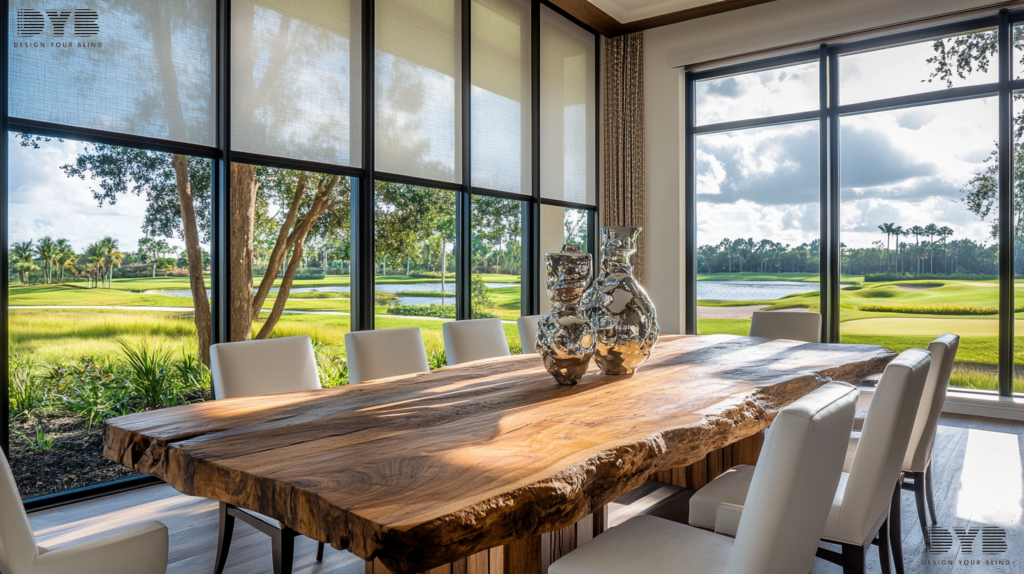 A casual dining room in Boca Raton, FL, with Roller Shades, a rustic wood dining table, matching chairs from Bernhardt, a modern glass sculpture, and a golf course view.