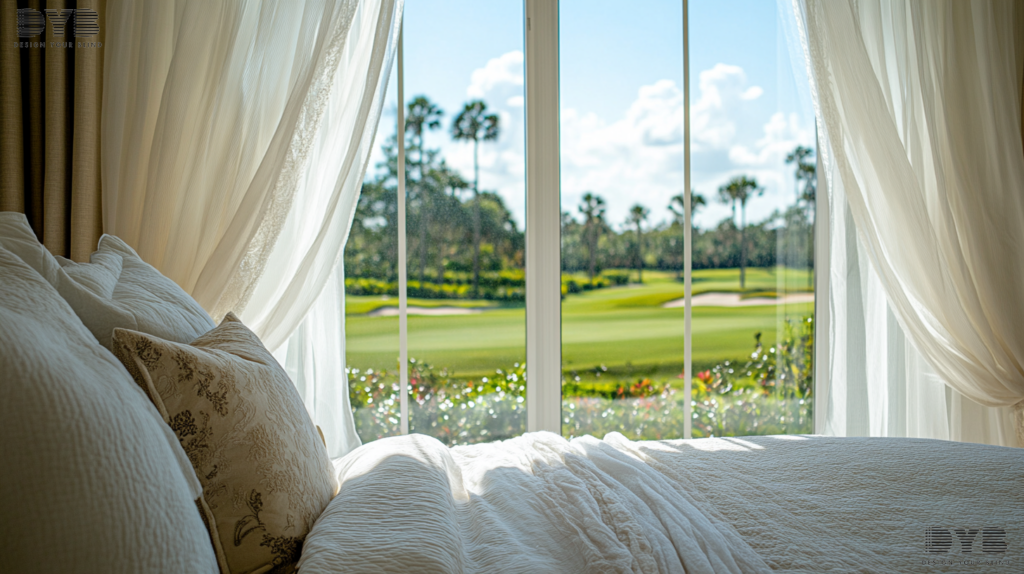 West Palm Beach Guest Bedroom, Transitional style, Sheer Curtains, golf course view, Baker Furniture