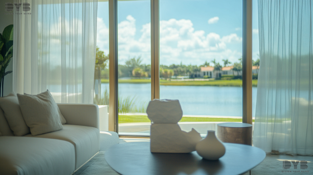 West Palm Beach Formal Living Room with Sheer Curtains, Farmhouse Modern style, lake view, contemporary sculpture