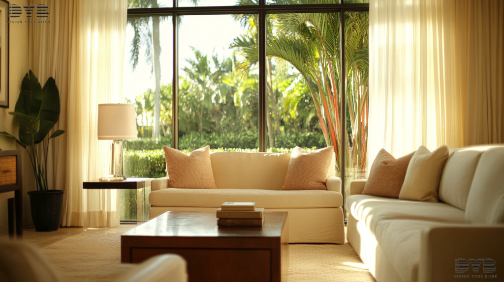 West Palm Beach living room, Coastal style, Sheer Curtains, garden view, Crate & Barrel furniture