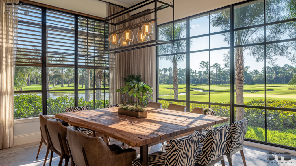 Casual Dining Room in Boynton Beach with Zebra Shades, Farmhouse Modern style, golf course views.