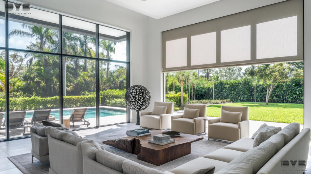 A living room in Boca Raton, FL, with Roller Shades, a plush white sectional sofa, a sleek coffee table from Arhaus, a contemporary metal sculpture, and a backyard with a pool view.