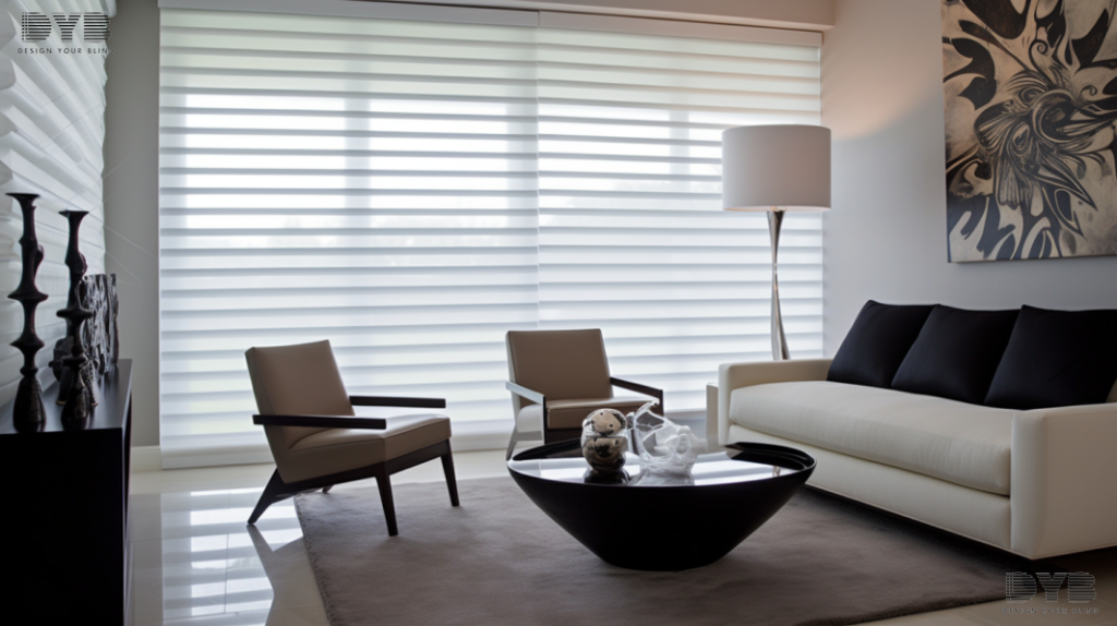 Living Room in Boynton Beach with Zebra Shades, Minimalist style, golf course views.