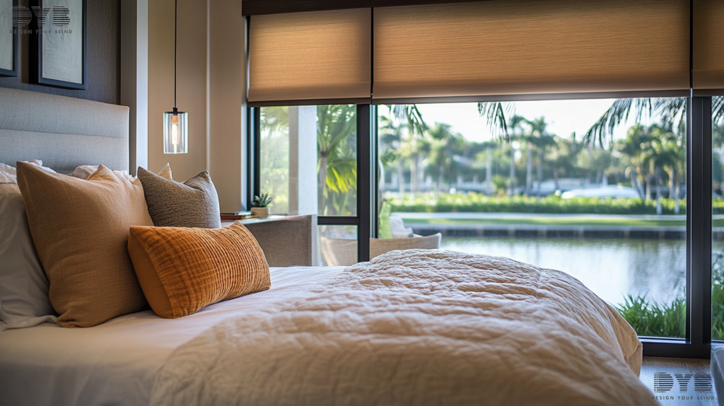 A transitional bedroom in Boca Raton, FL, showcasing a plush bed, a cozy reading nook, a set of fully closed Blackout Roller Shades, and a view of a canal.
