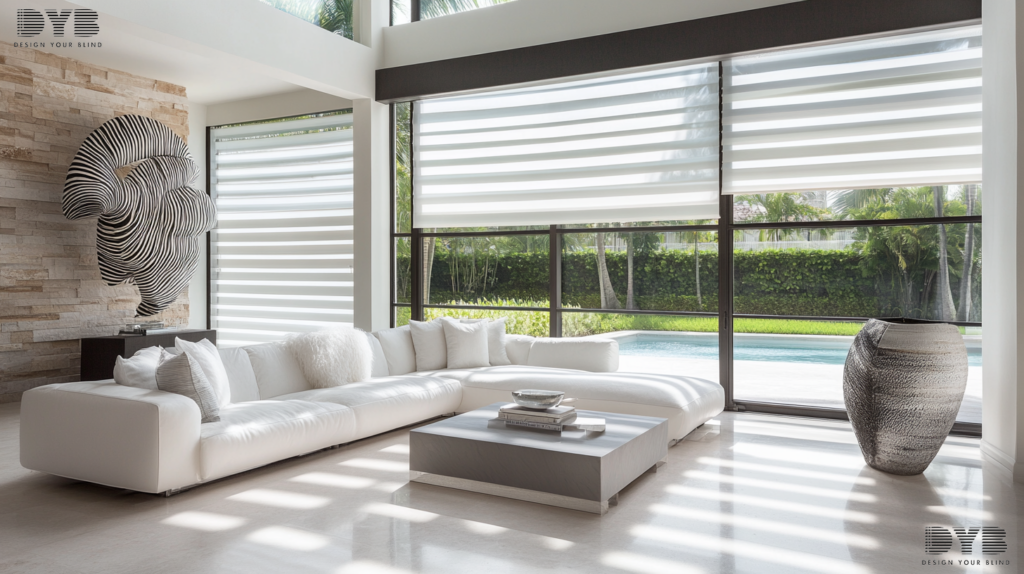 Zebra Shades in a Delray Beach Formal Living Room, adding a touch of modern elegance to a Contemporary design.