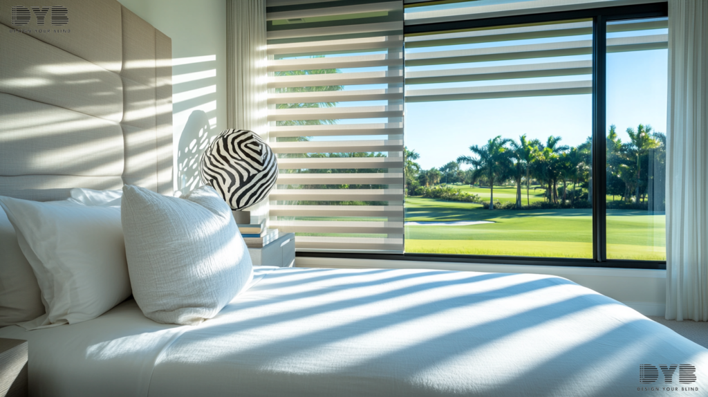 Zebra Shades in a Delray Beach bedroom, adding a touch of modern style and light control.